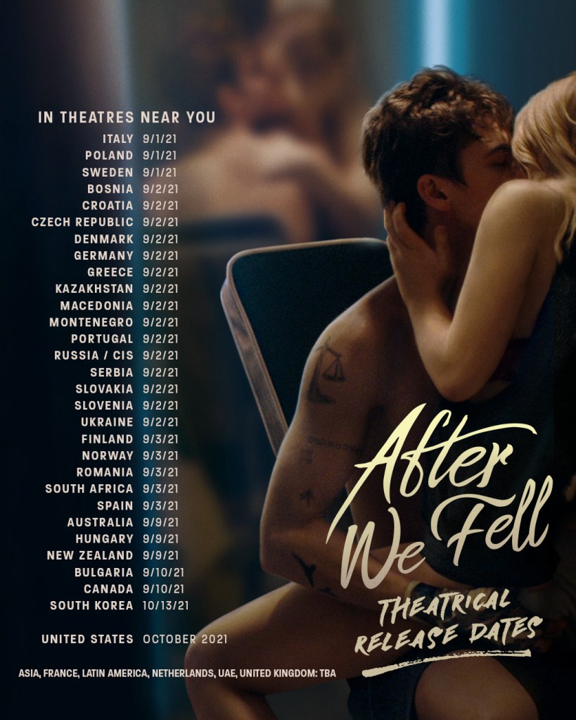 Text of "After We Fell" theatrical release dates for different countries on top of a promotional still for the film